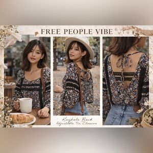 American Eagle Outfitters Black Floral Keyhole Back Peasant Top